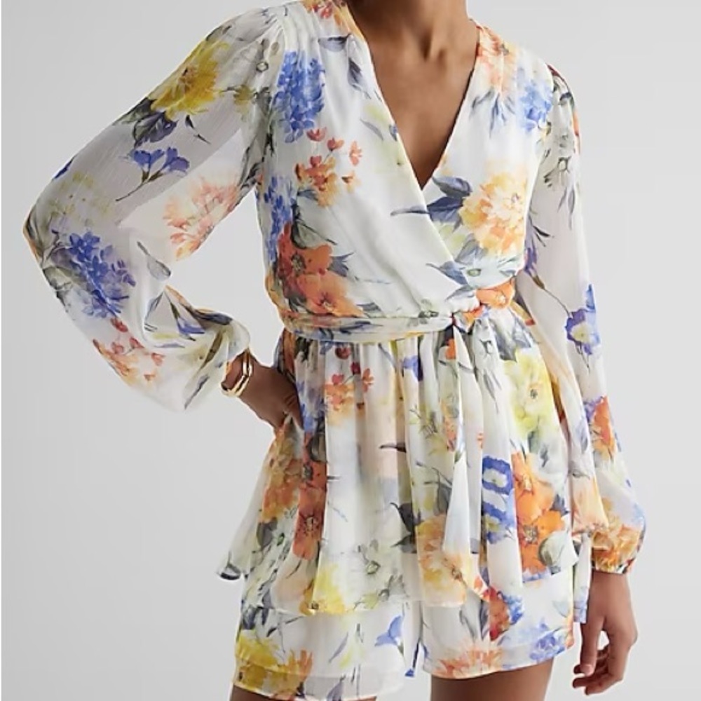 Express Floral Tie Waist Ruffle Romper